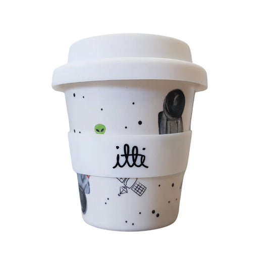 White baby cino cup with two straws. Featuring out of this world space print with an alien and astronauts. Perfect first birthday gift. 