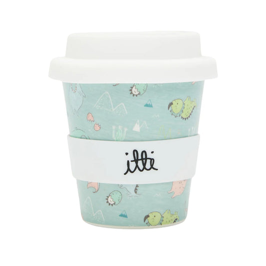 blue baby cino cup with mountains and cartoon dinosaurs. Featuring two straws making the perfect first birthday gift