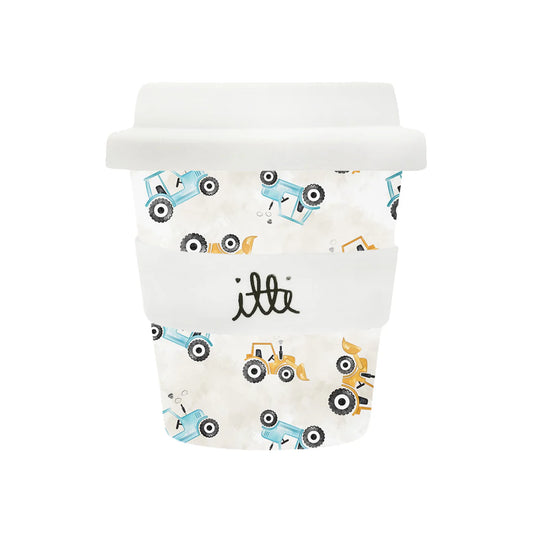 cream coloured baby cino cup with mustard and blue coloured bulldozers. Includes two straws and makes the perfect first birthday gift.