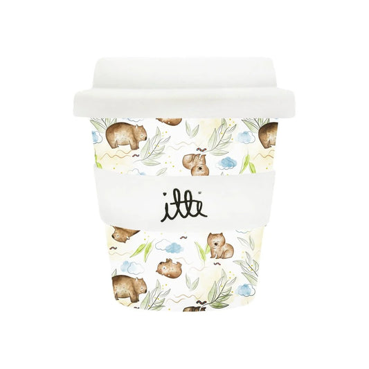 Baby cino cup with two straws. This cup features earthy tones, with cute wombat images. 